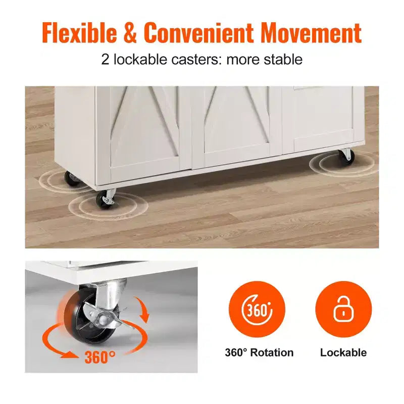 Carrello da Cucina con Top a Ribalta, Mobile Contenitore, Cassetto e Portaspezie su Ruote, Bianco