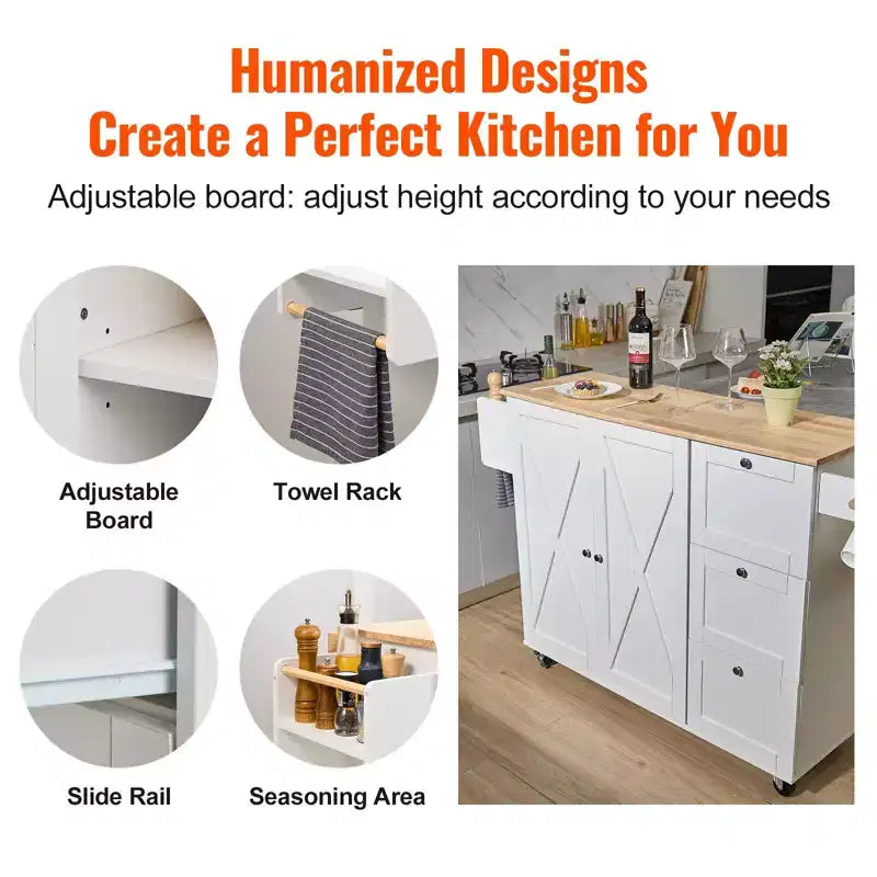 Carrello da Cucina con Top a Ribalta, Mobile Contenitore, Cassetto e Portaspezie su Ruote, Bianco