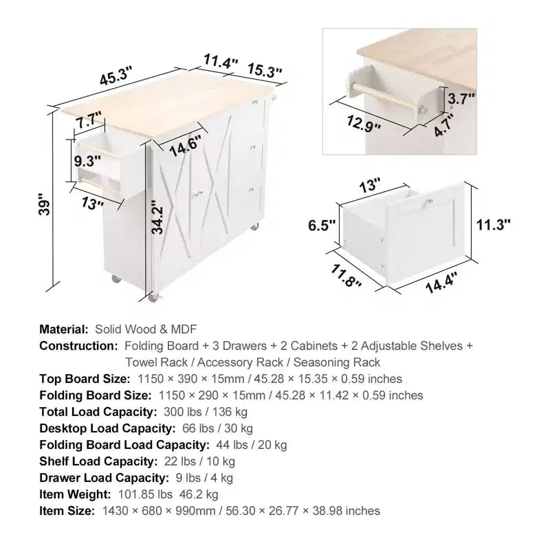 Carrello da Cucina con Top a Ribalta, Mobile Contenitore, Cassetto e Portaspezie su Ruote, Bianco