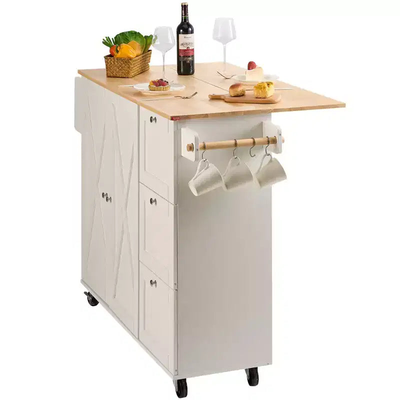 Carrello da Cucina con Top a Ribalta, Mobile Contenitore, Cassetto e Portaspezie su Ruote, Bianco