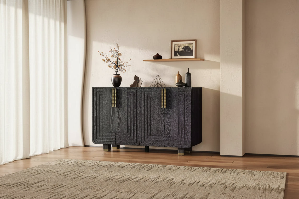 54-Inch Vintage-Style Sideboard with Storage, 4-Door Vintage Recessed Sideboard with Adjustable Shelves, Suitable for Dining Room, Kitchen