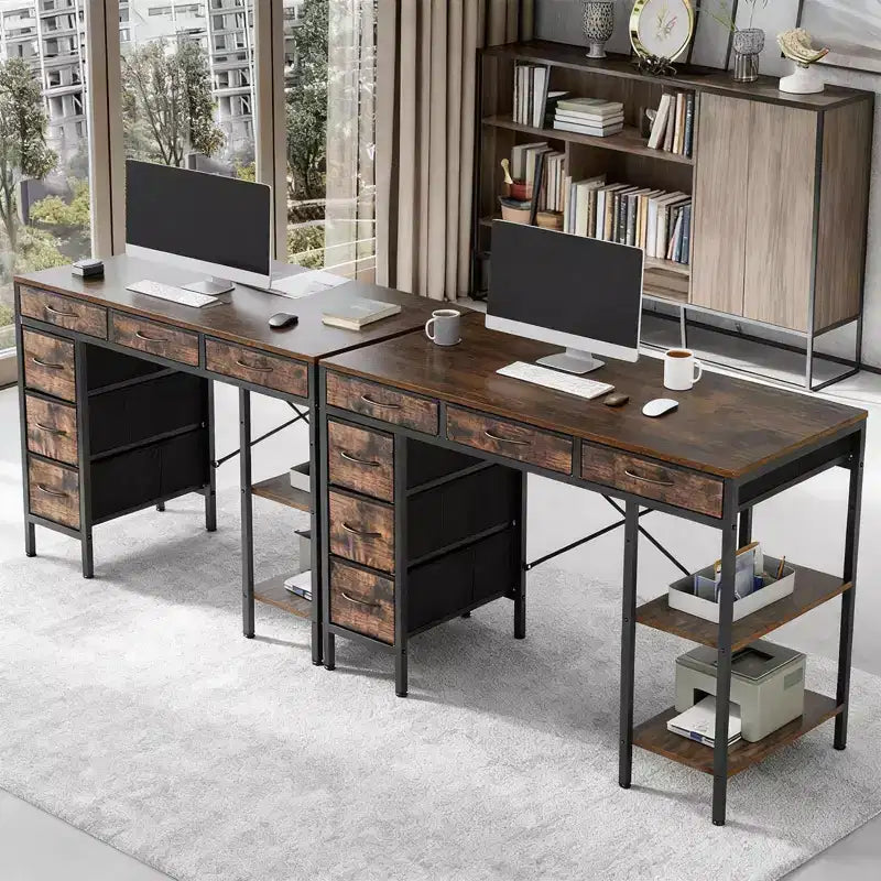 Scrivania per Computer con 6 Cassetti in Tessuto e Ripiano Contenitore Regolabile – Struttura in Metallo, Casa, Ufficio e Gaming