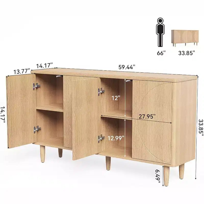 Cassettiera/credenza moderna in rovere chiaro da 150 cm con ante, per sala da pranzo e soggiorno