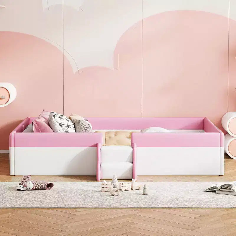 Struttura letto a giorno a pavimento con recinzione e scale – Imbottita, Singolo/Matrimoniale