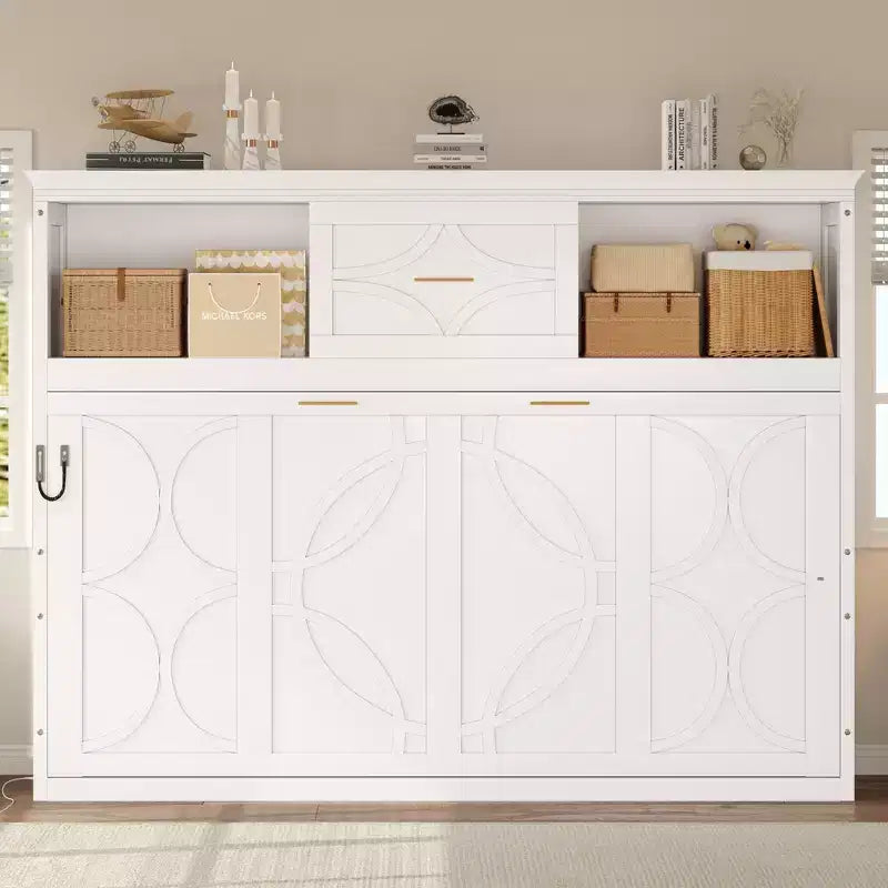 Twin Size Murphy Bed with Storage Shelves, Wooden Twin Cabinet Bed Wall Bed with Charging Station and Drawer, Folding Wall Chest Bed for Guest Room