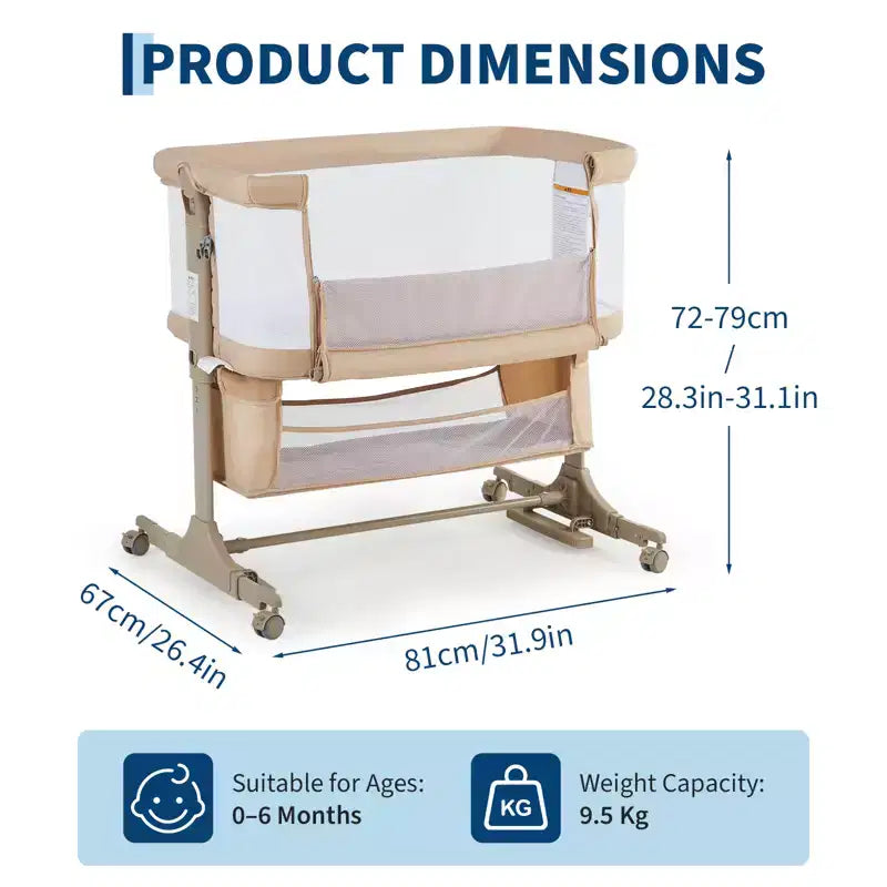 Culla Co-Sleeping da Comodino, Lettino 3-in-1 con Zanzariera, Altezza Regolabile, Ruote e Cesto Portaoggetti