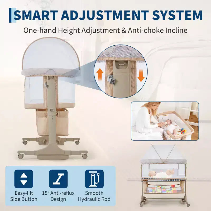 Culla Co-Sleeping da Comodino, Lettino 3-in-1 con Zanzariera, Altezza Regolabile, Ruote e Cesto Portaoggetti
