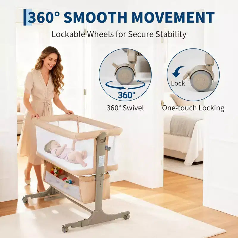 Culla Co-Sleeping da Comodino, Lettino 3-in-1 con Zanzariera, Altezza Regolabile, Ruote e Cesto Portaoggetti