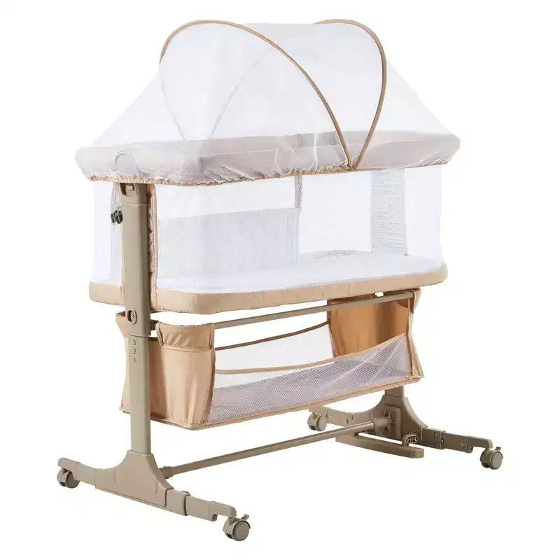 Culla Co-Sleeping da Comodino, Lettino 3-in-1 con Zanzariera, Altezza Regolabile, Ruote e Cesto Portaoggetti