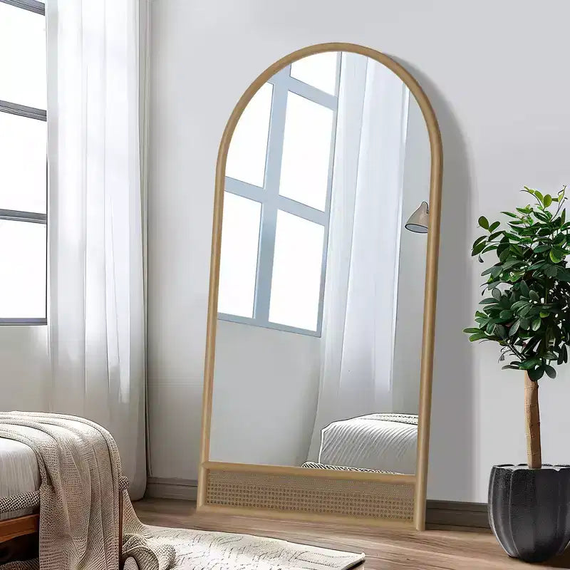 PexFix 71x37 Arched Solid Wood Rattan Full-Length Mirror HD Mirror with Thickened Rounded Wooden Frame for Bedroom Entryway Living Room Cloakroom