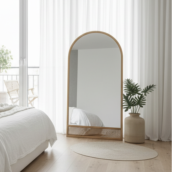 Specchio arcuato a figura intera da 71 x 37 pollici con cornice in legno massello di rattan