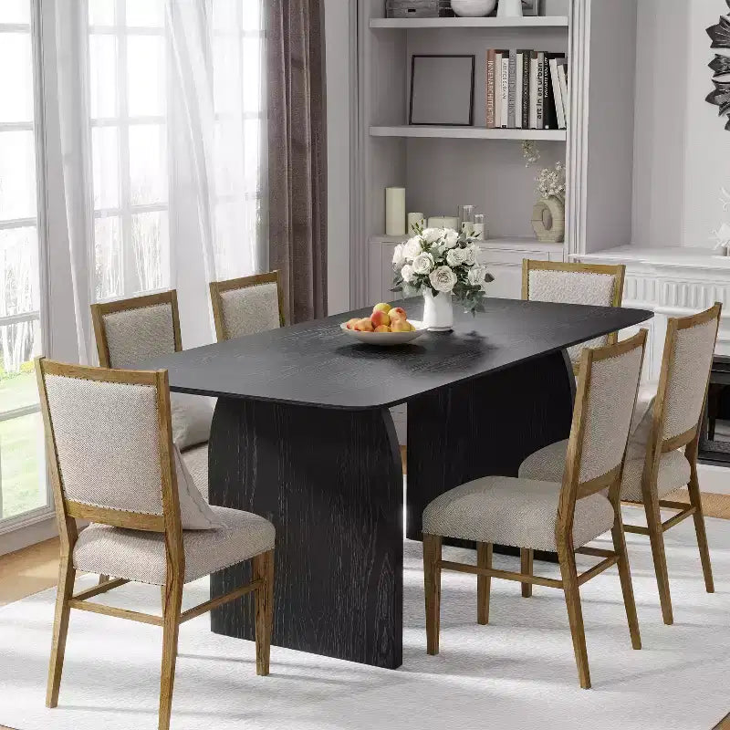 PexFix 67 x 33.5 Farmhouse Dining Table Solid Wood Kitchen Table with Arched Legs Square Black Wood Top for Dining Room & Kitchen