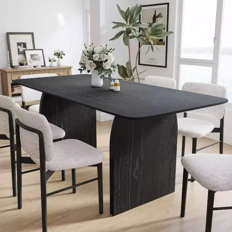 Tavolo da pranzo da fattoria con gambe ad arco da 170 x 85 cm, 6 posti, piano in legno nero