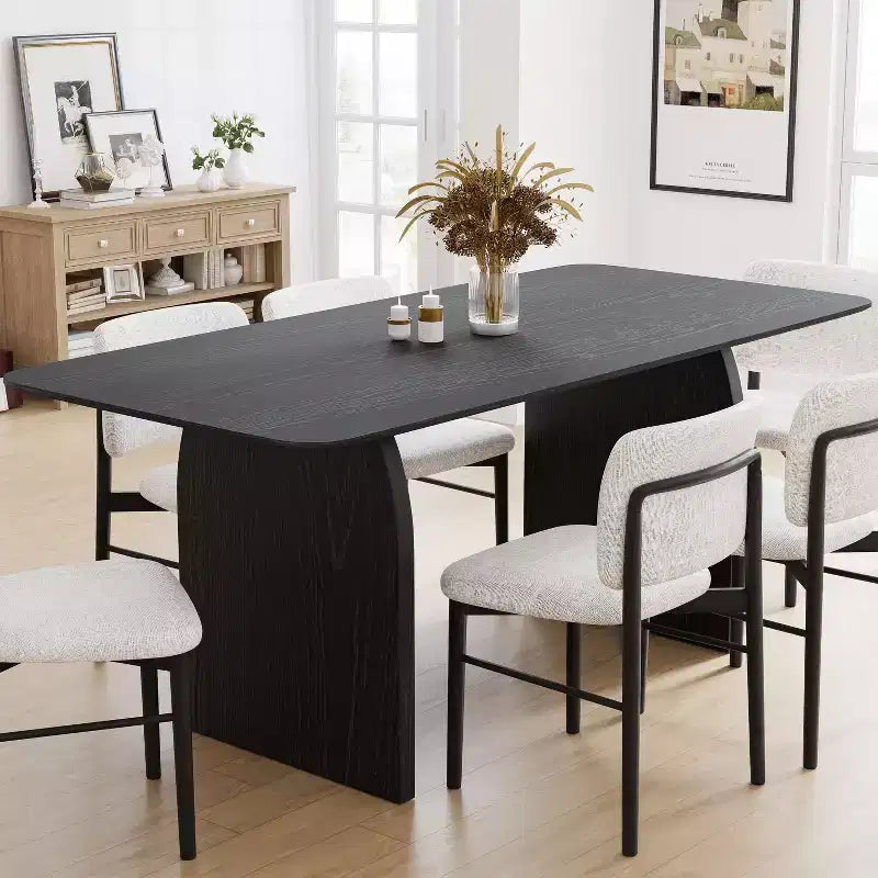Tavolo da pranzo da fattoria con gambe ad arco da 170 x 85 cm, 6 posti, piano in legno nero