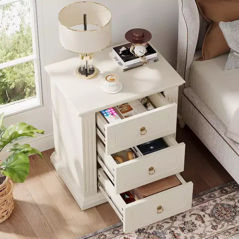 Comodino a 3 cassetti, comodino moderno con cassetti portaoggetti - Beige