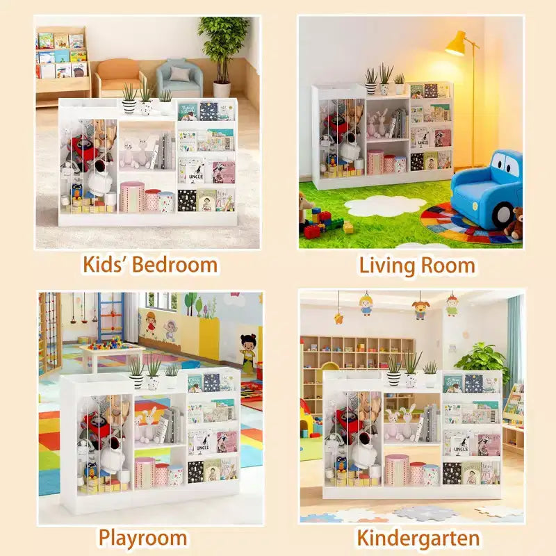 Libreria per bambini e organizer per giocattoli con espositore frontale per libri, ripiani per giocattoli e contenitore per peluche, colore bianco