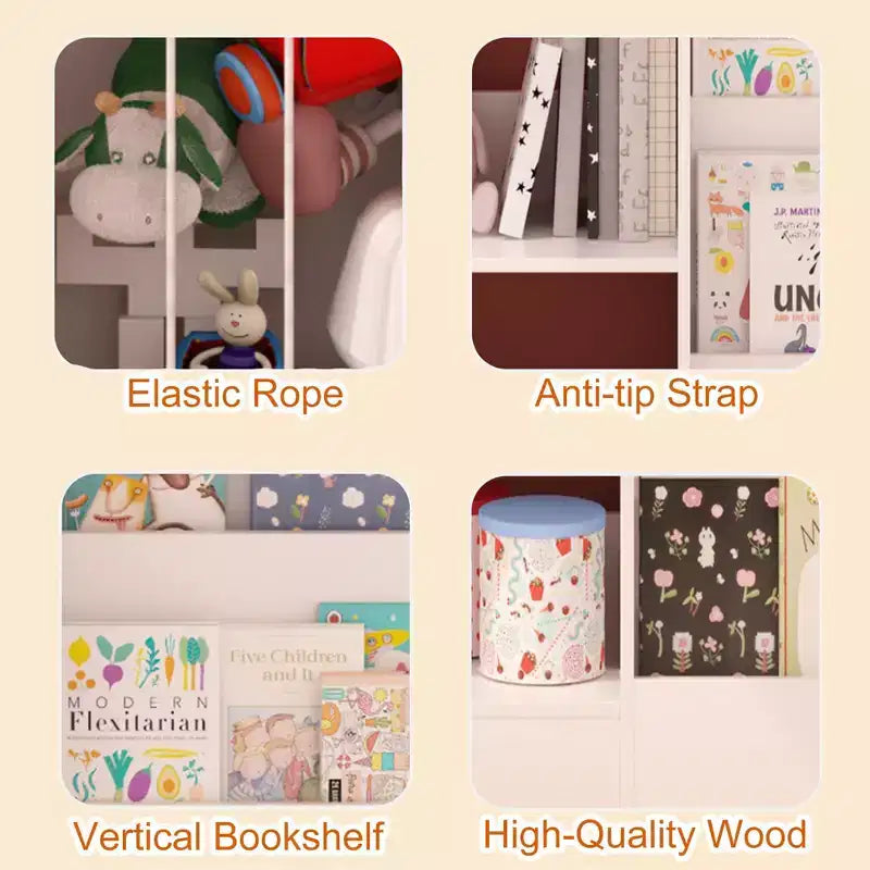 Libreria per bambini e organizer per giocattoli con espositore frontale per libri, ripiani per giocattoli e contenitore per peluche, colore bianco