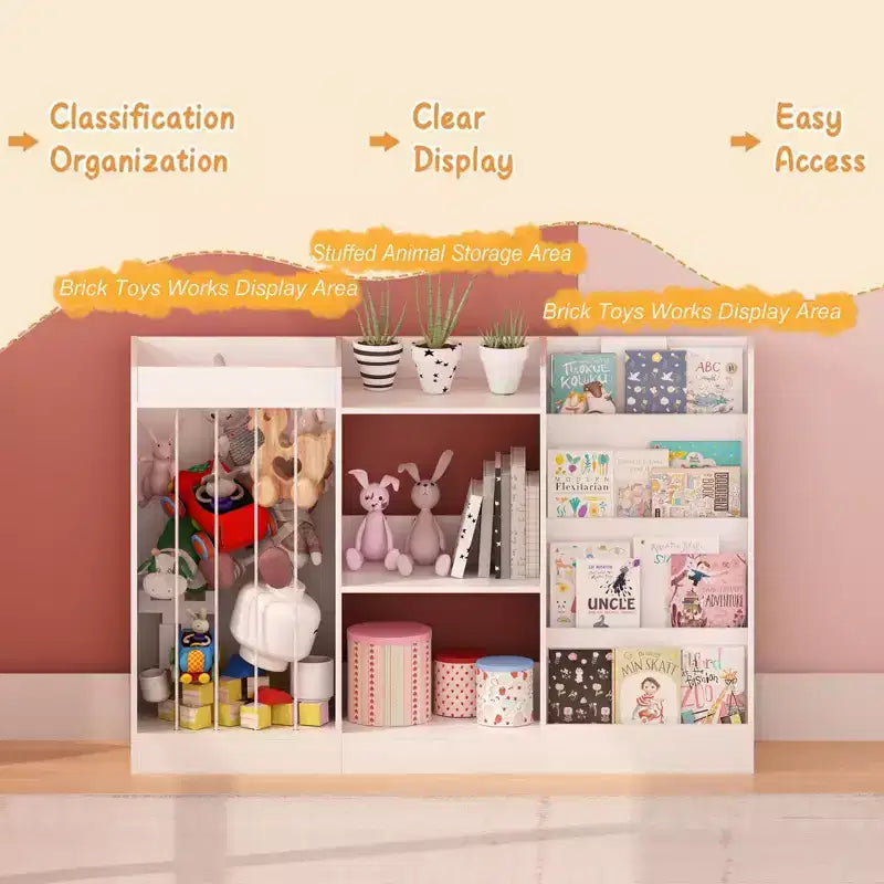 Libreria per bambini e organizer per giocattoli con espositore frontale per libri, ripiani per giocattoli e contenitore per peluche, colore bianco