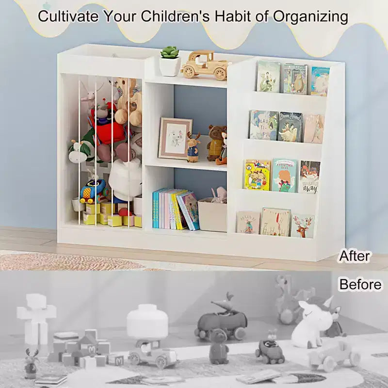 Libreria per bambini e organizer per giocattoli con espositore frontale per libri, ripiani per giocattoli e contenitore per peluche, colore bianco