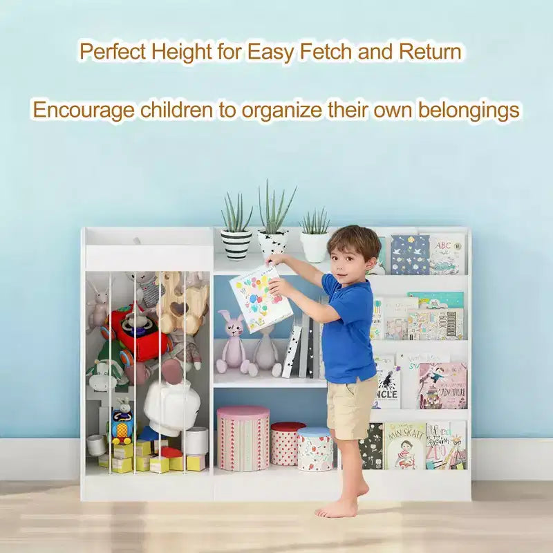 Libreria per bambini e organizer per giocattoli con espositore frontale per libri, ripiani per giocattoli e contenitore per peluche, colore bianco