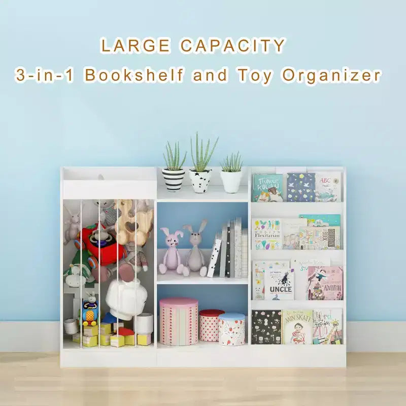 Libreria per bambini e organizer per giocattoli con espositore frontale per libri, ripiani per giocattoli e contenitore per peluche, colore bianco