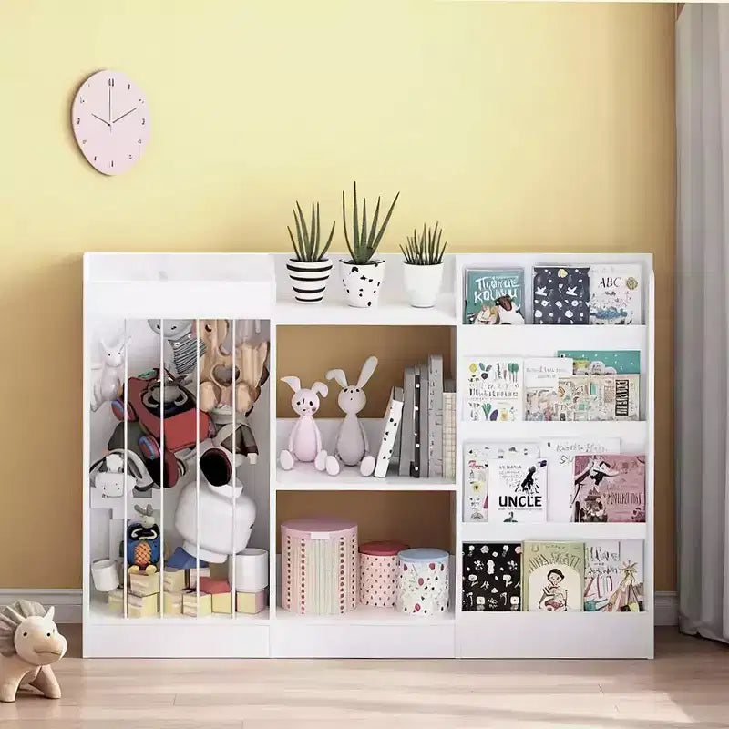 Libreria per bambini e organizer per giocattoli con espositore frontale per libri, ripiani per giocattoli e contenitore per peluche, colore bianco