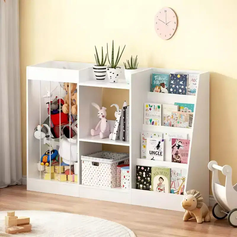 Libreria per bambini e organizer per giocattoli con espositore frontale per libri, ripiani per giocattoli e contenitore per peluche, colore bianco