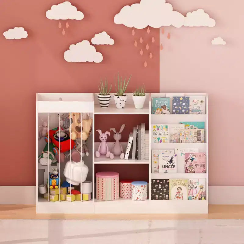 Libreria per bambini e organizer per giocattoli con espositore frontale per libri, ripiani per giocattoli e contenitore per peluche, colore bianco