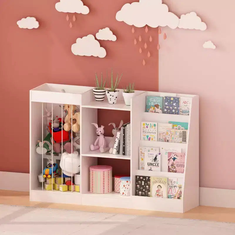 Libreria per bambini e organizer per giocattoli con espositore frontale per libri, ripiani per giocattoli e contenitore per peluche, colore bianco