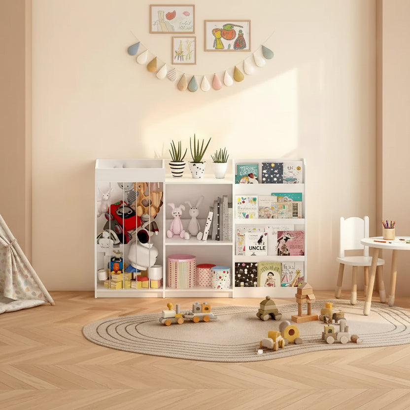 Libreria per bambini e organizer per giocattoli con espositore frontale per libri, ripiani per giocattoli e contenitore per peluche, colore bianco