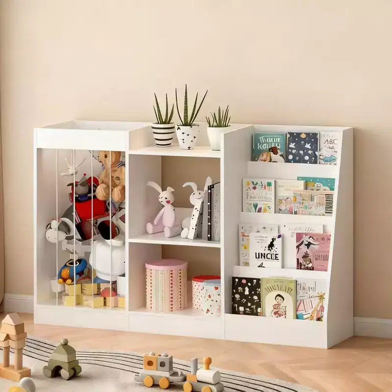 Libreria per bambini e organizer per giocattoli con espositore frontale per libri, ripiani per giocattoli e contenitore per peluche, colore bianco