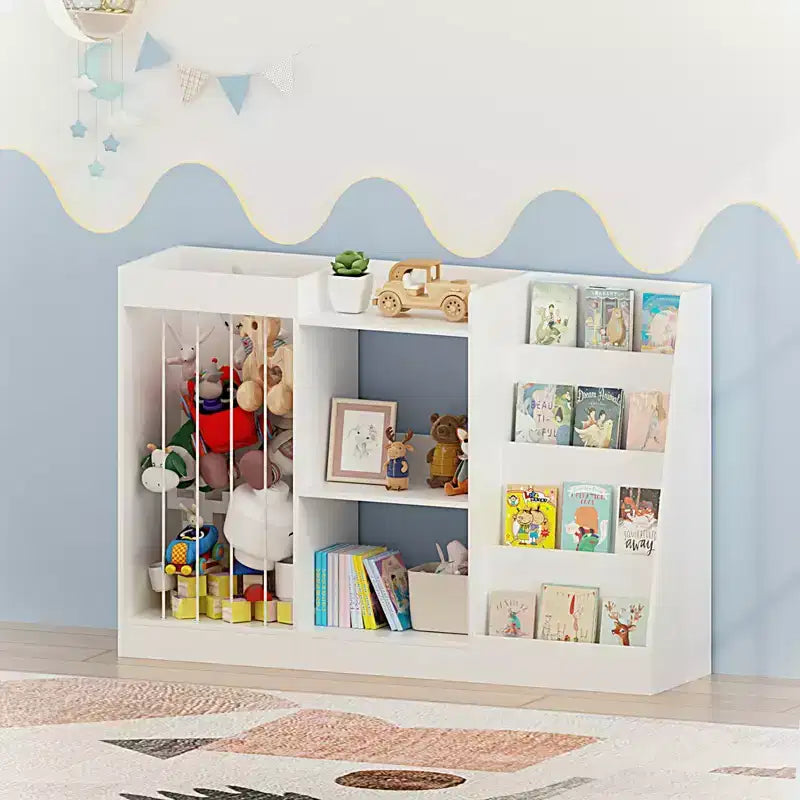 Libreria per bambini e organizer per giocattoli con espositore frontale per libri, ripiani per giocattoli e contenitore per peluche, colore bianco