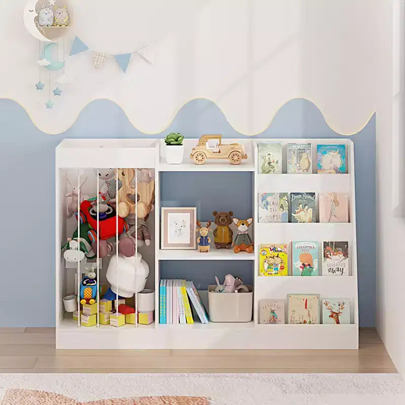 Libreria per bambini e organizer per giocattoli con espositore frontale per libri, ripiani per giocattoli e contenitore per peluche, colore bianco