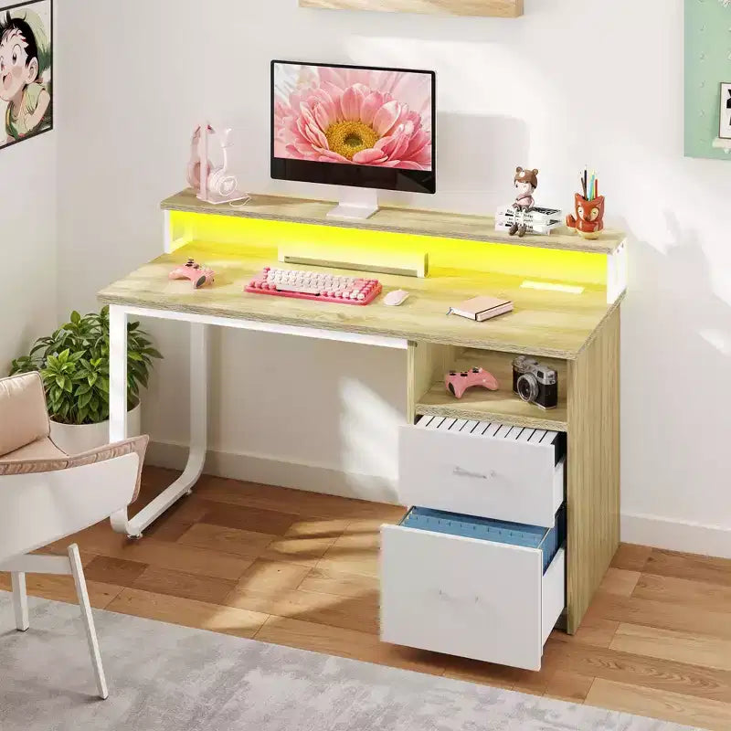 Balconera Modern White and Oak Office Desk with Storage Cabinet and Shelves Gaming Computer Table wtih LED Light and Charging Station