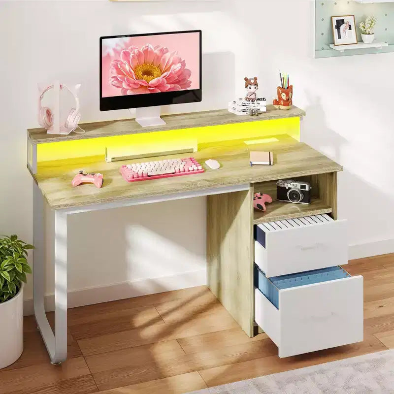 Scrivania moderna bianca e rovere per ufficio con vano contenitore e luce a LED