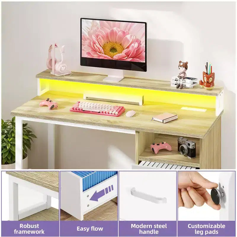 Scrivania moderna bianca e rovere per ufficio con vano contenitore e luce a LED