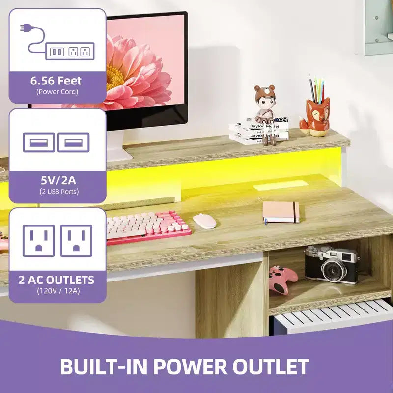 Scrivania moderna bianca e rovere per ufficio con vano contenitore e luce a LED
