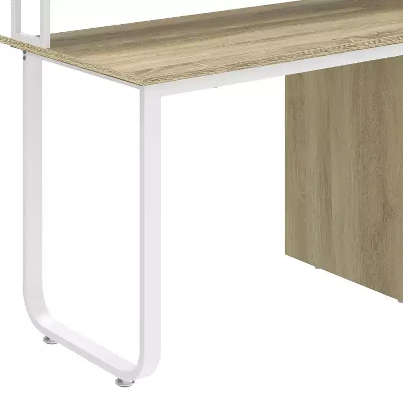 Scrivania moderna bianca e rovere per ufficio con vano contenitore e luce a LED