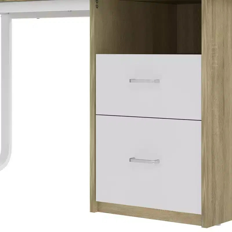 Scrivania moderna bianca e rovere per ufficio con vano contenitore e luce a LED