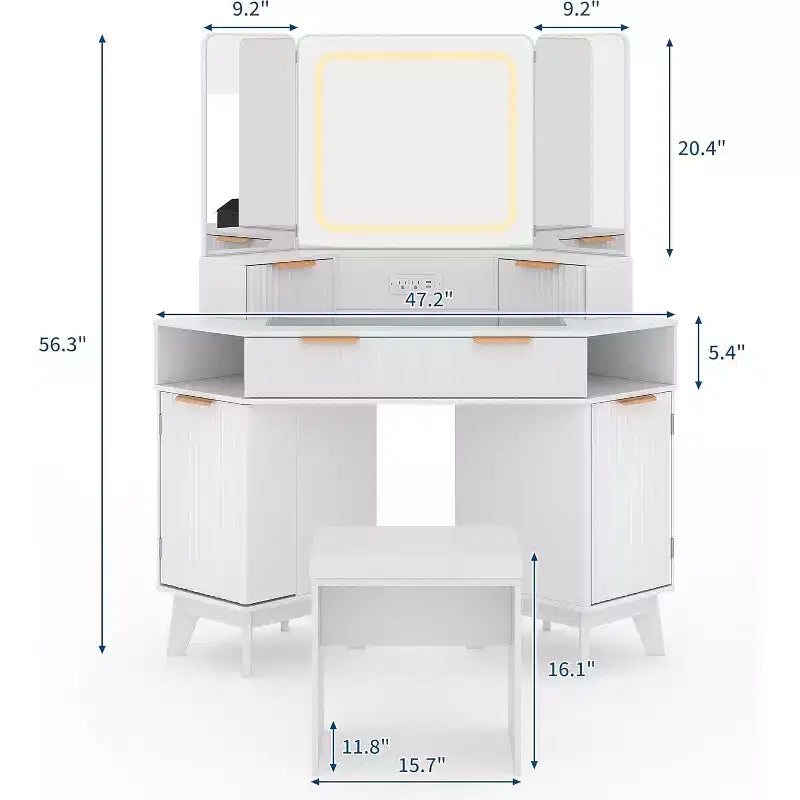 Scrivania angolare con specchio a tre ante e illuminazione a LED