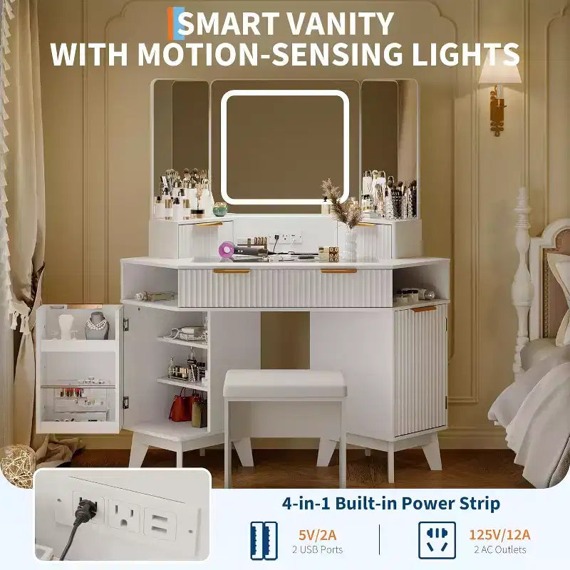 Scrivania angolare con specchio a tre ante e illuminazione a LED