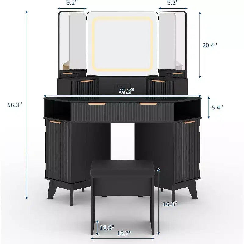 Scrivania angolare con specchio a tre ante e illuminazione a LED