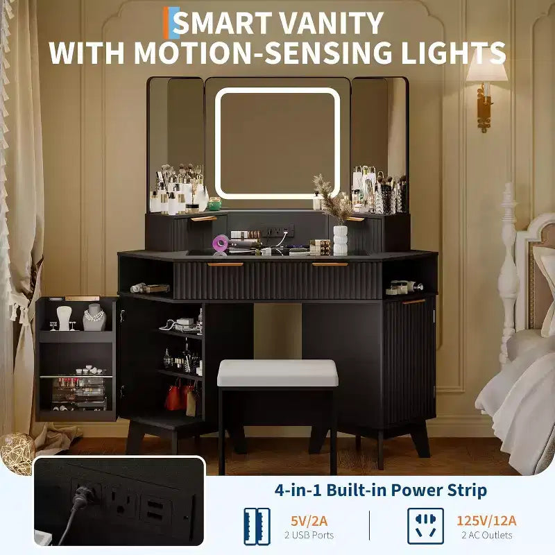 Scrivania angolare con specchio a tre ante e illuminazione a LED