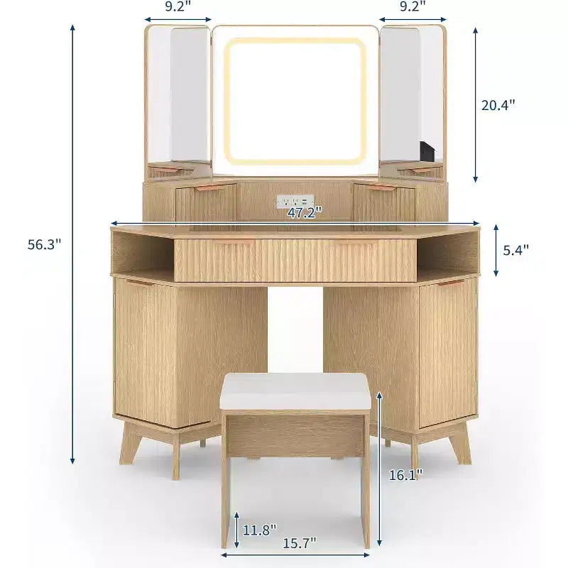 Scrivania angolare con specchio a tre ante e illuminazione a LED