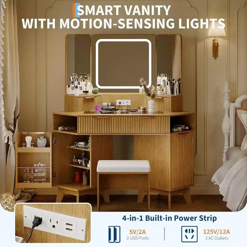 Scrivania angolare con specchio a tre ante e illuminazione a LED
