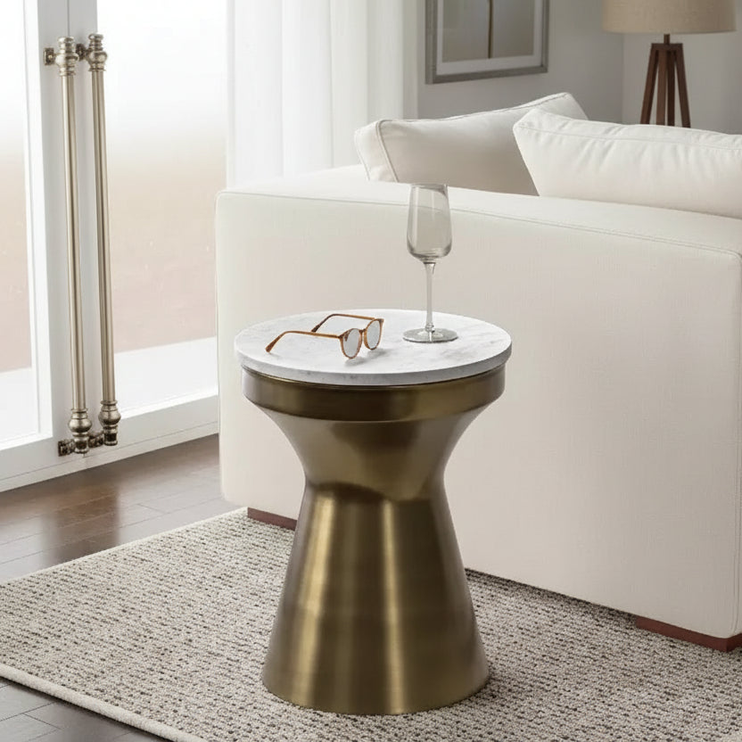 Tavolino Rotondo in Metallo con Piano in Marmo Bianco e Base in Ottone Antico, 35,5 cm L x 45,7 cm H - Completamente Assemblato