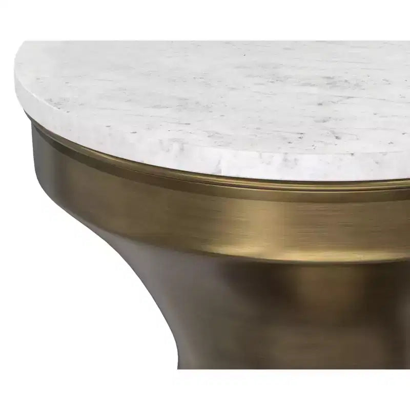 Tavolino Rotondo in Metallo con Piano in Marmo Bianco e Base in Ottone Antico, 35,5 cm L x 45,7 cm H - Completamente Assemblato