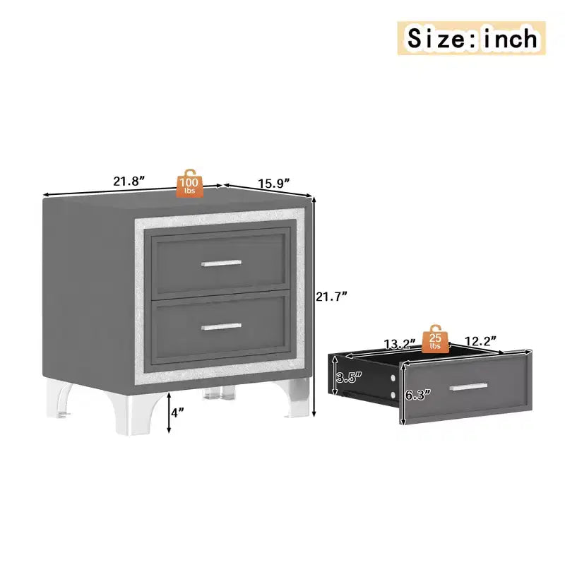 Comodino Mid-Century con 2 Cassetti, Decorazione a Strisce Argento e Gambe in Metallo, 40,4 cm L x 55,4 cm P x 55,1 cm H - Grigio