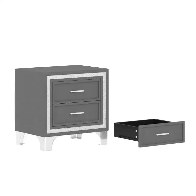 Comodino Mid-Century con 2 Cassetti, Decorazione a Strisce Argento e Gambe in Metallo, 40,4 cm L x 55,4 cm P x 55,1 cm H - Grigio