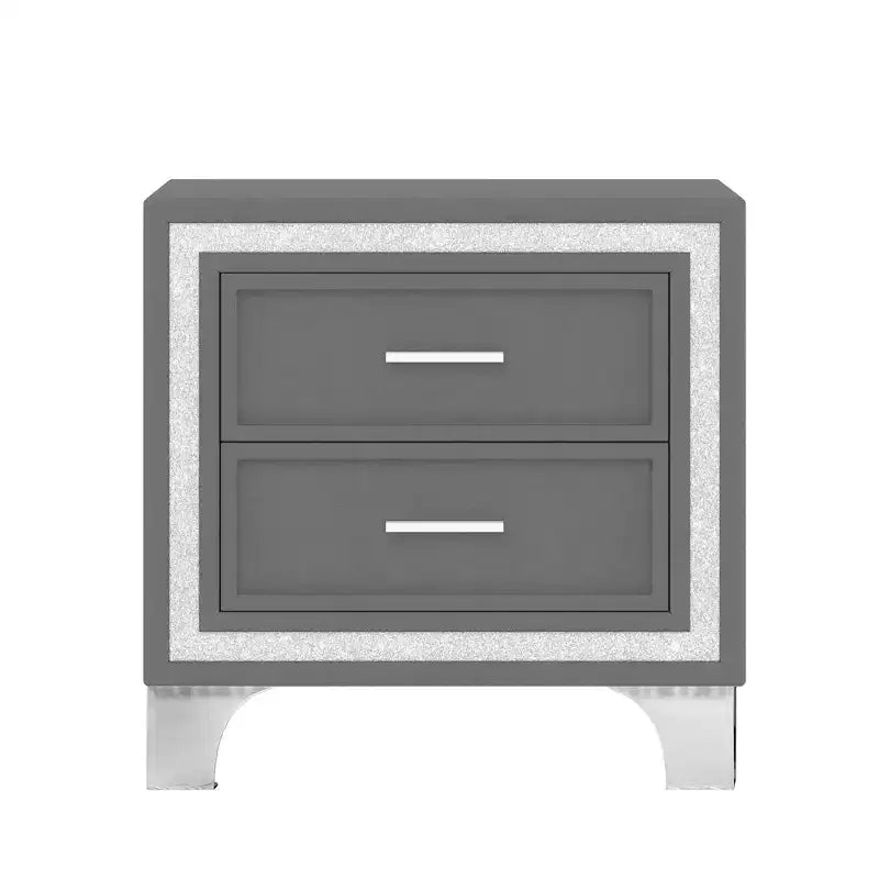 Comodino Mid-Century con 2 Cassetti, Decorazione a Strisce Argento e Gambe in Metallo, 40,4 cm L x 55,4 cm P x 55,1 cm H - Grigio